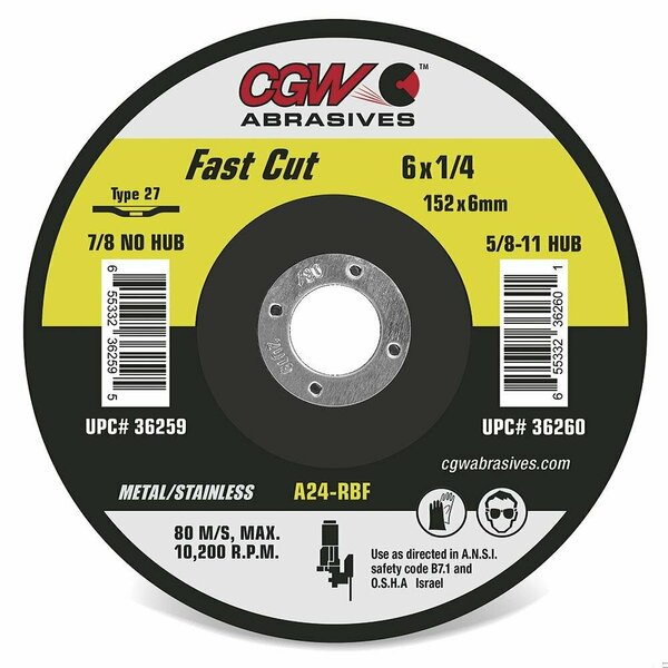 Cgw Abrasives Flat Fast Cut Depressed Center Wheel, 4-1/2 in Dia x 1/4 in THK, 7/8 in Center Hole, 24 Grit, Alumin 36255